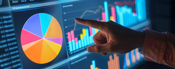 Businessman touching financial data chart and graph on digital screen in office, financial dashboard showing diversification of investment or asset allocation or portfolio management on stock