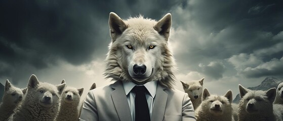 An allegorical representation of a wolf in a suit with sheep visualizing the idea of a manipulative leader in a corporate setting. - obrazy, fototapety, plakaty
