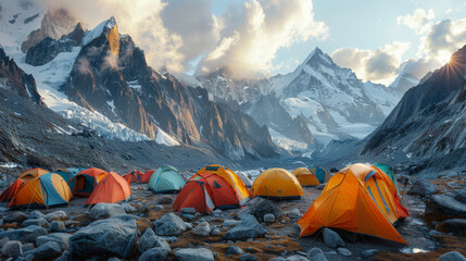 A group of orange tents are set up in a field next to a mountain range