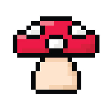 Red mushroom in 8 bit pixel art.