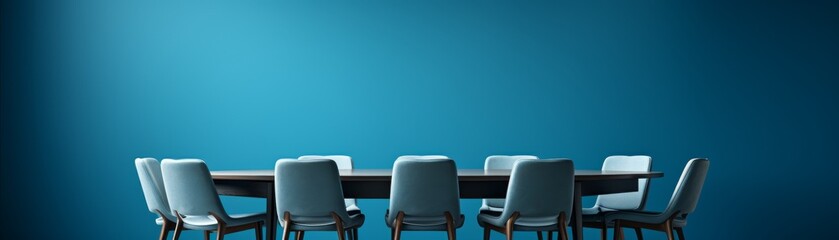 A large round table with multiple chairs around it, symbolizing inclusivity and discussion, set against a conference room blue background.