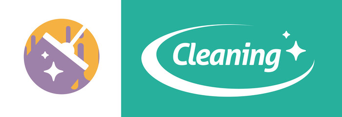 Cleaning service logo icon vector graphic illustration set, cleaner wash laundry green yellow purple logotype symbol modern design image clip art flat cartoon