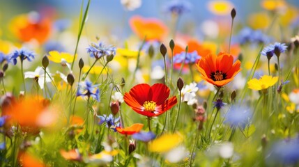 spring meadow bursting with wildflowers,