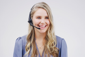 Smiling, woman and virtual assistant in studio with proud, headset and happy on white background....