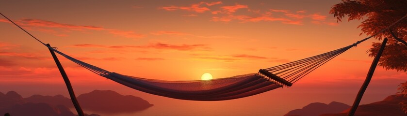 A hammock, rolled up and compact, against a soft sunset orange background, symbolizing rest and relaxation in nature.