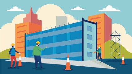 Erecting a temporary wind barrier for protection and noise control on a highrise construction project.. Vector illustration