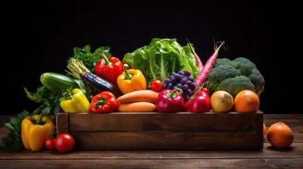 fresh fruits and vegetables, arranged in a rustic wooden crate, 