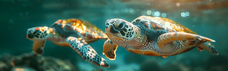Obraz premium Turtles trapped in fishing nets due to ocean pollution, in sea water under the sea, World Environment Day, environmental protection theme，Struggling Sea Turtle Caught in Fishing Net - 4K HD Wallpaper 