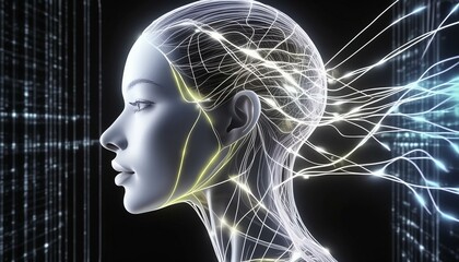 electrical signals in the shape of a human head side view. AI concept.