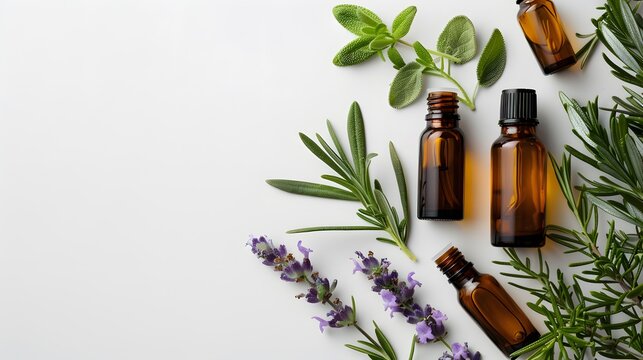 A flat lay of essential oil bottles and herbs on white background, representing the use for skin care products.