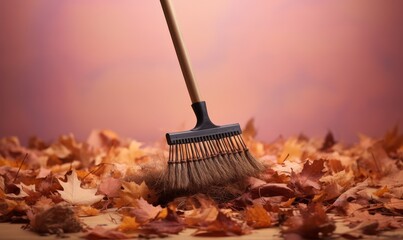 A garden rake and a pile of autumn leaves set against a soft pastel background, the rake's handle providing a linear space for text.