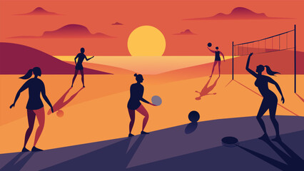 As the sun begins to set the players shadows lengthen on the sand as they spike and serve in this unique game of beach volleyball and tennis.. Vector illustration