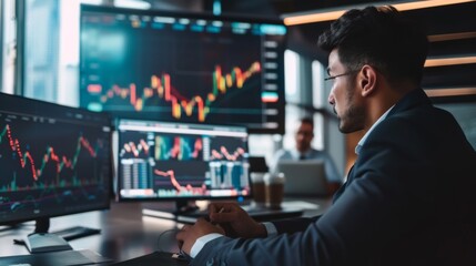 Fototapeta premium A businessman discussing stock market trends in a boardroom meeting, market analysis