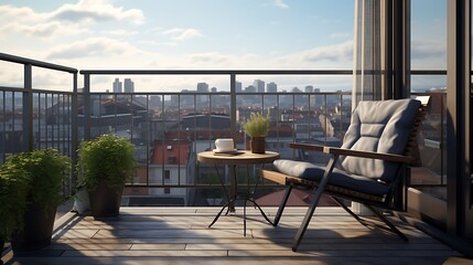 A minimalist metal chair on a balcony overlooking a bustling city street, offering a peaceful retreat from urban life