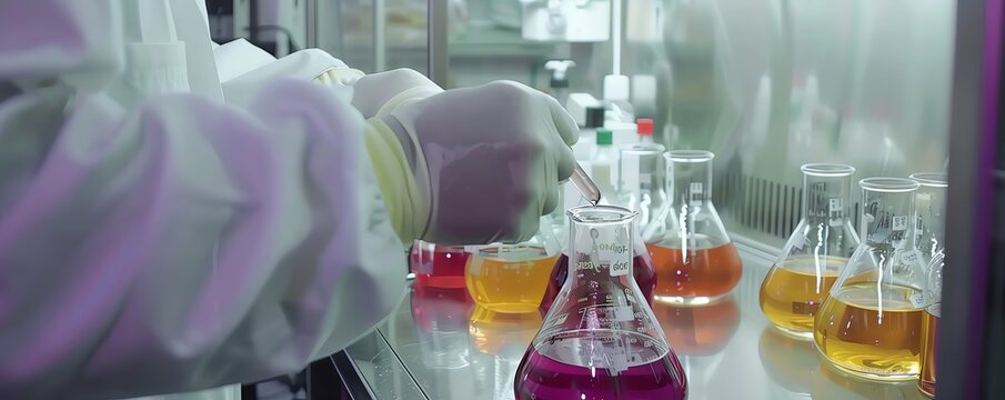 Pharmaceutical lab technician checking the consistency of a liquid solution with a viscometer, essential quality control process, vibrant color