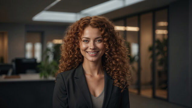 Bella donna con capelli rossi ricci sorride in un moderno ufficio con abito elegante