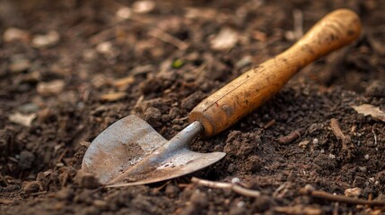 A shovel laying in the dirt with a wooden handle, AI