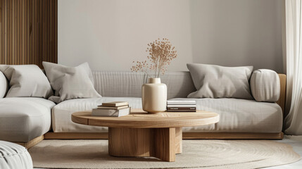 Minimalist style table with small vase and books behind a gray sofa.