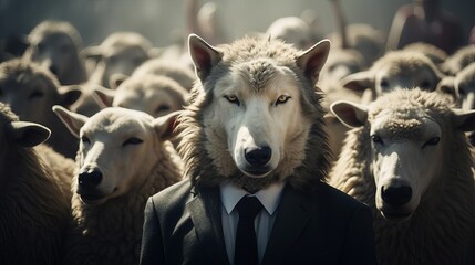 A corporate betrayal concept with a wolf in a suit standing confidently among a group of sheep capturing the essence of hidden agendas in business.