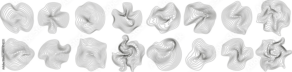 Poster set of abstract tree rings. vector topographic map concept. spheres of wavy dynamic lines. thin blac