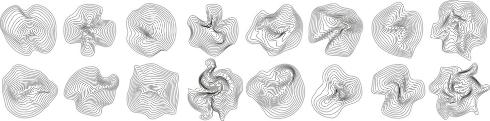 Set of abstract tree rings. Vector topographic map concept. Spheres of wavy dynamic lines. Thin black lines on transparent background. Vector EPS 10