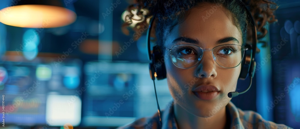 Poster providing technical support to a client experiencing hardware or software issues, using a headset to