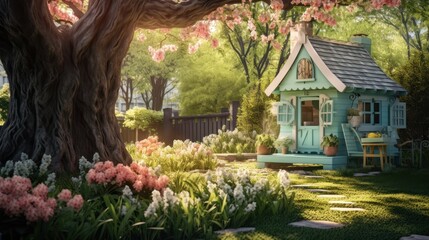 Fototapeta premium a child's playhouse nestled among a canopy of trees, 