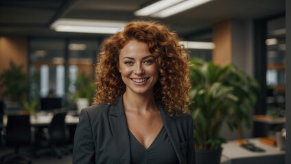 Bella donna con capelli rossi ricci sorride in un moderno ufficio con abito elegante