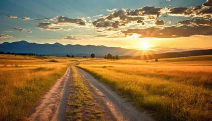 A dirt road in a golden field leads towards mountains in the distance under a dramatic sunset.