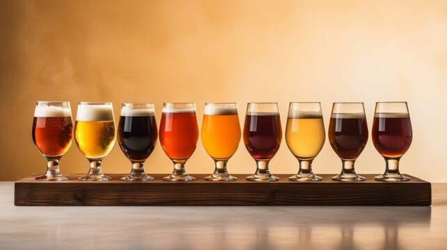 A collection of beer flight samples, small glasses each containing different ales, set against a light beige background, showcasing the diversity of brews.