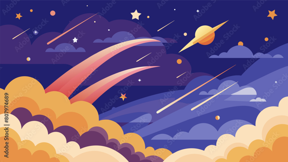 Poster a celestial setting with shooting stars and wispy clouds representing the transcendental and enlight