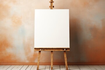 A classic wooden artist's easel, empty and standing ready against a soft beige background, inviting painters to imagine their next masterpiece.