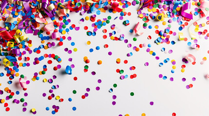 Obraz premium Top view of colorful confetti scattered on white background with copy space