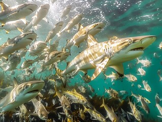 Sharks prey on a school of sardines in the open sea, World Environment Day, environmental protection theme, ecological environment, biodiversity, ecological balance, survival of the fittest
