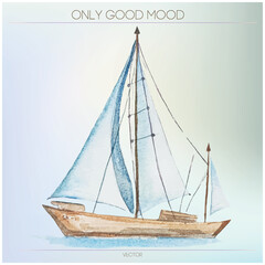 Ship with sails, maritime illustration in soft tones.