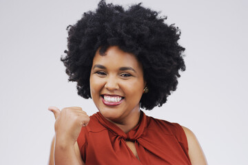 Studio, excited and black woman in portrait with thumb up for agreement, deal and yes with backdrop. Approval, smile and happy girl with good hand gesture, feedback and sign by white background