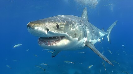Naklejka premium Sharks prey on a school of sardines in the open sea, World Environment Day, environmental protection theme, ecological environment, biodiversity, ecological balance, survival of the fittest 
