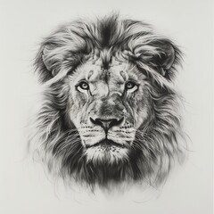 striking frontal view of a majestic lion in pen and ink, showcasing intricate details of its mane and fierce expression Add a touch of realism and depth to highlight its regal essence