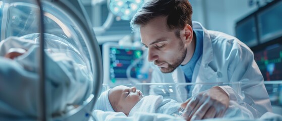 In this picture, you can see a young doctor checking up on a newborn and caring for it in a bassinet at a modern maternity ward. We are waiting for the mother to return with the baby after receiving