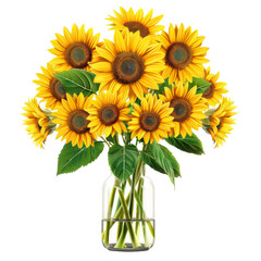 Obraz premium Bright sunflower bouquet in a glass vase, ideal for cheerful summer decorations or sunny floral themes, isolated on transparent background