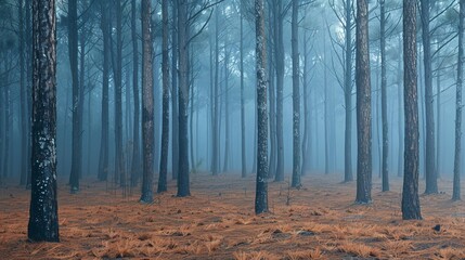 Naklejka premium Mystical pine forest with a blueish fog and a brown ground full of fallen pine straw.