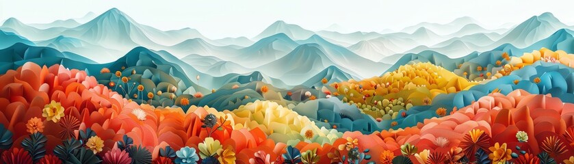 Capture the panoramic view of a vibrant landscape made entirely of various nutritional supplements, showcasing a harmonious blend of color and texture using digital rendering techniques