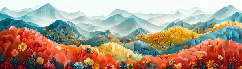 Fototapeta premium Capture the panoramic view of a vibrant landscape made entirely of various nutritional supplements, showcasing a harmonious blend of color and texture using digital rendering techniques