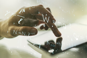 Creative scientific formula hologram and hand working with a digital tablet on background, research...