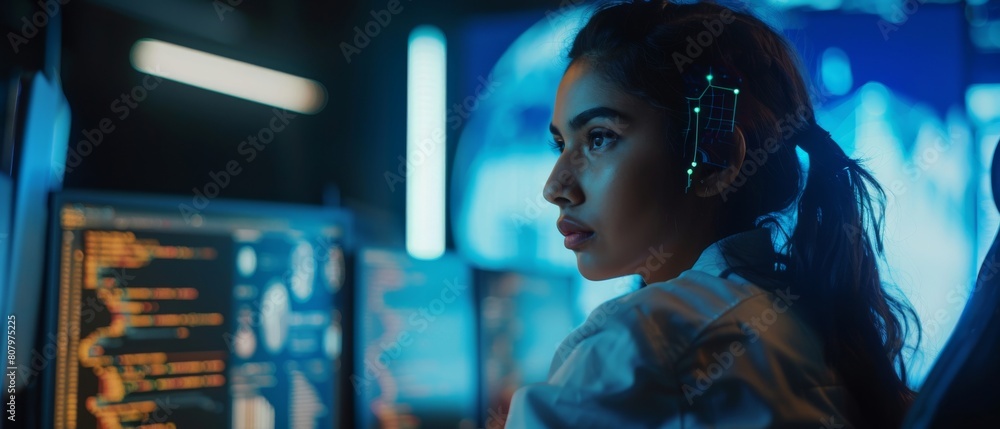 Poster work on computer in tech office by a female artificial intelligence engineer. young indian specialis