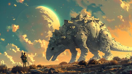 Digital artwork depicting an explorer standing before a colossal mechanical dinosaur on an alien planet with a large moon in the backdrop.