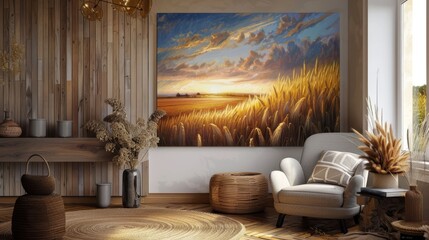 Oil painting of a wheat field with a stormy sky in the background