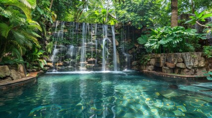The AI-generated photo is a beautiful waterfall in a lush green jungle