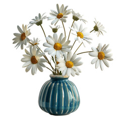 Elegant white daisies in a blue vase, ideal for simple and clean decor themes, isolated on transparent background