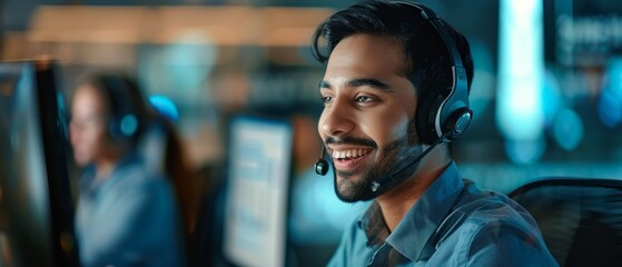Positive Technical Support Managers on Call, Providing Help Desk Solutions to Customers Having Troubleshooting Issues with a Product. Indian Specialists Successfully Solving Issues